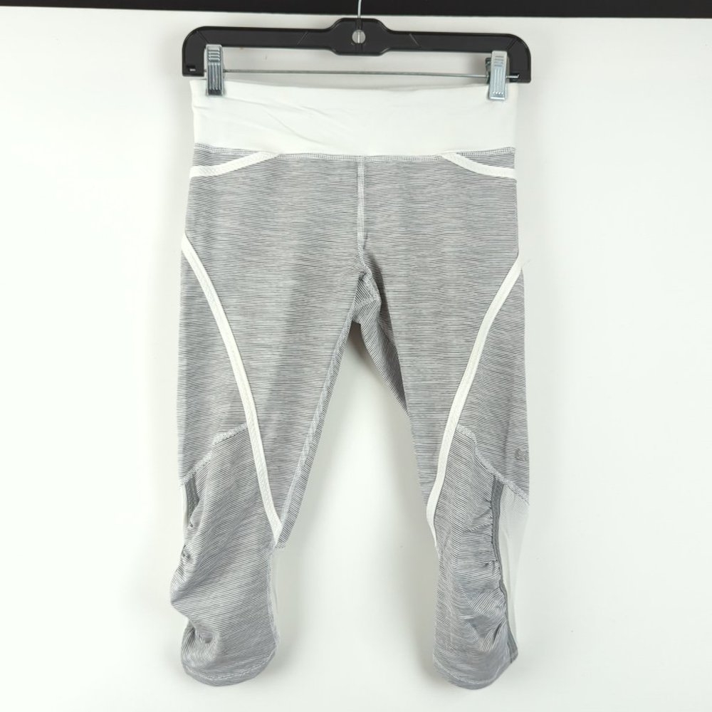 Lululemon Size 4 Run Pace Crop Women's White/Gray Ruched Sides Active Leggings